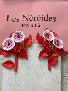 Les Néréides Red Floral Statement Earrings White Enamel Blossom Drop Earrings